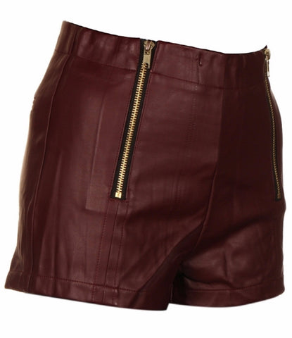 "Vivien" Burgundy double zippers leather short